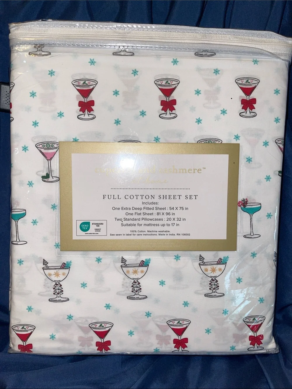 cupcakes & cashmere White Cotton Sheet Set with Festive Drinks Motif